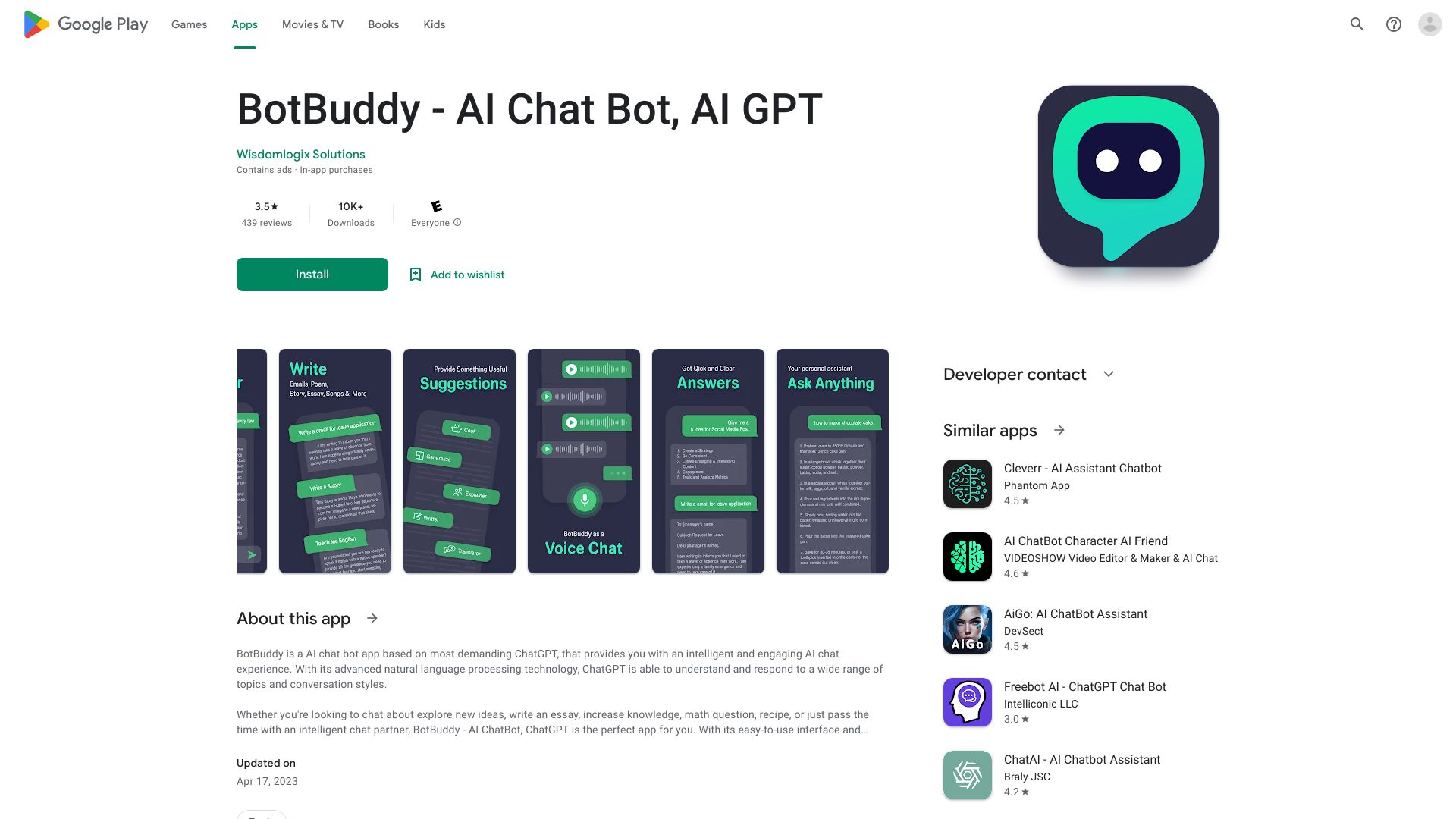 https://play.google.com/store/apps/details?id=com.wisdomlogix.botbuddy.ai.chat.bot